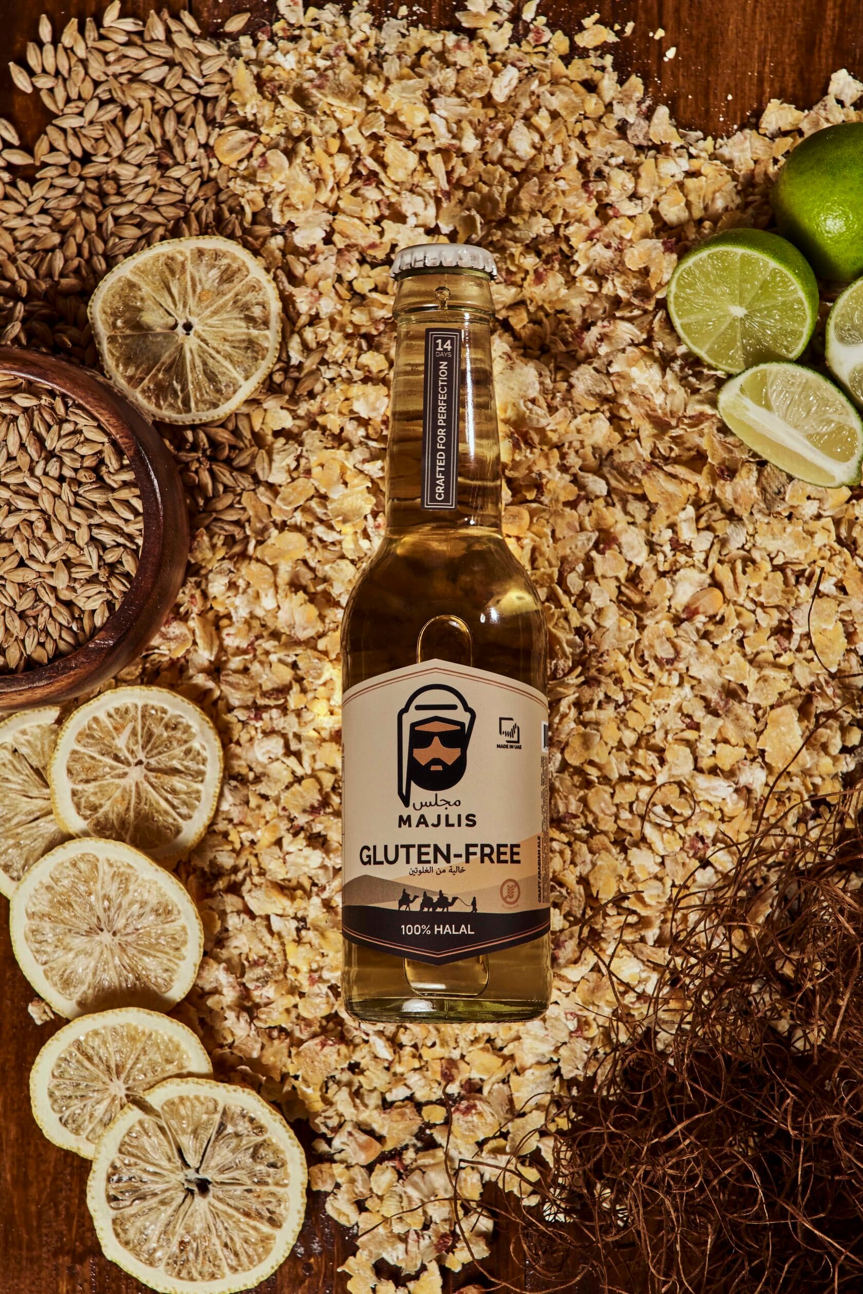 Majlis Gluten-Free non-alcoholic craft Arabian ale bottle on barley grains